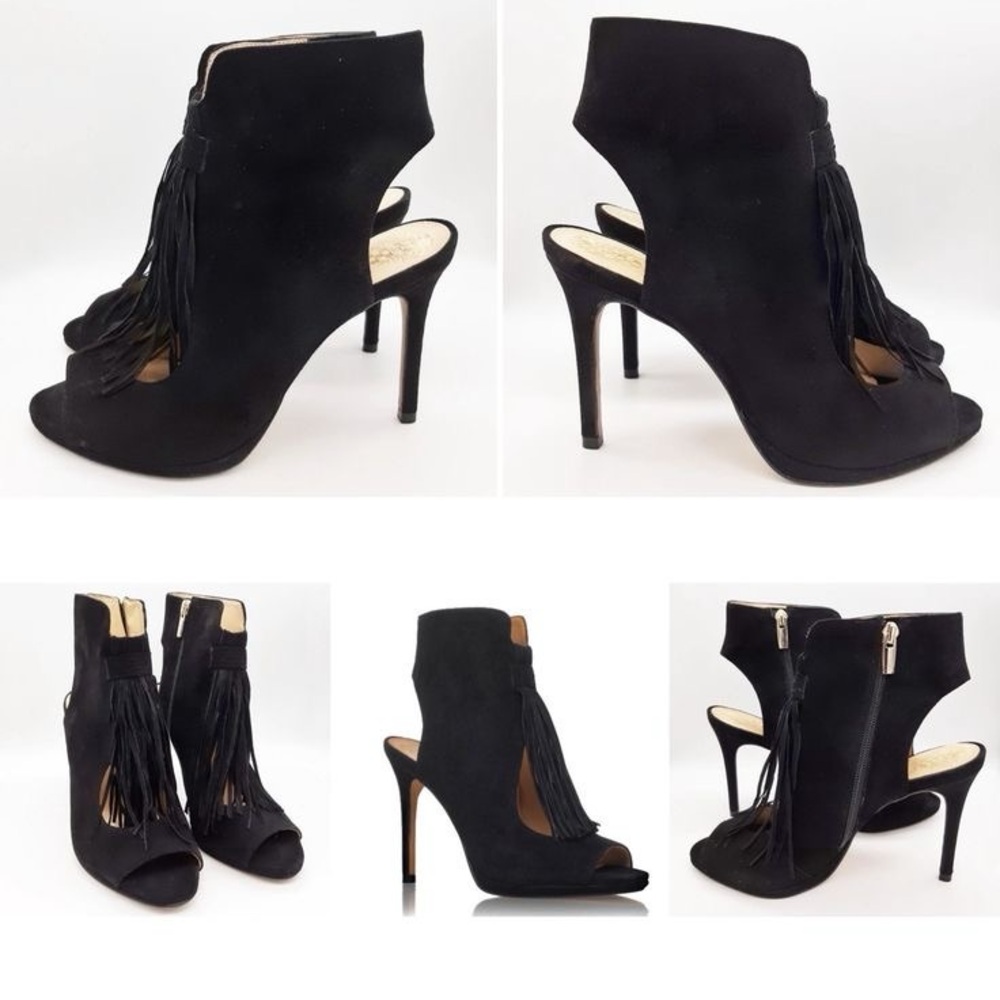 8. Vince Camuto Black Suede, Open-toe Abigalla Stiletto with front fringe